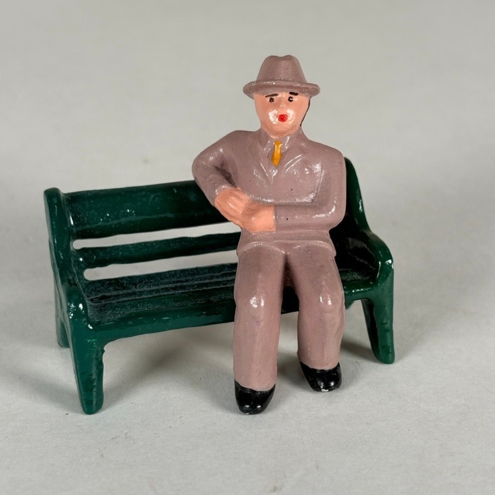 Vintage Barclay Cast Lead Miniature Man on Green Park Bench Train Figure O Scale